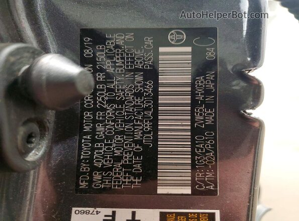JTDL9RFU4L3013466 2020 TOYOTA PRIUS Gray Widok naklejki z numerem VIN