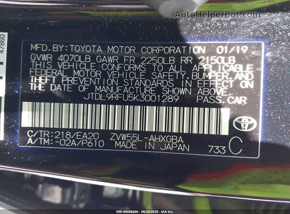 JTDL9RFU5K3001289 2019 TOYOTA PRIUS Black Շարժիչի բաժամունքի տեսք