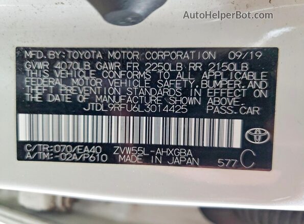 JTDL9RFU6L3014425 2020 TOYOTA PRIUS White Շարժիչի բաժամունքի տեսք