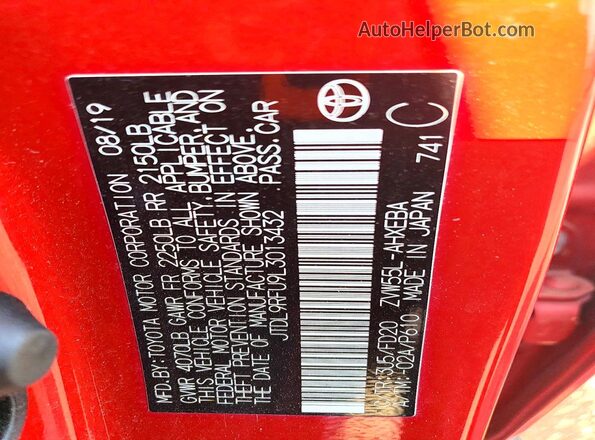 JTDL9RFU9L3013432 2020 TOYOTA PRIUS Red VIN sticker view