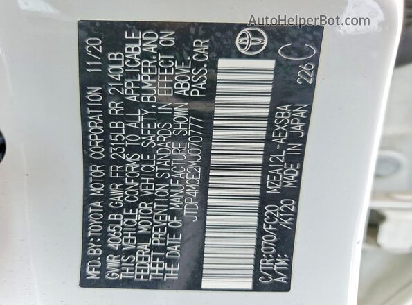 JTDP4MCE2MJ070777 2021 TOYOTA COROLLA White 