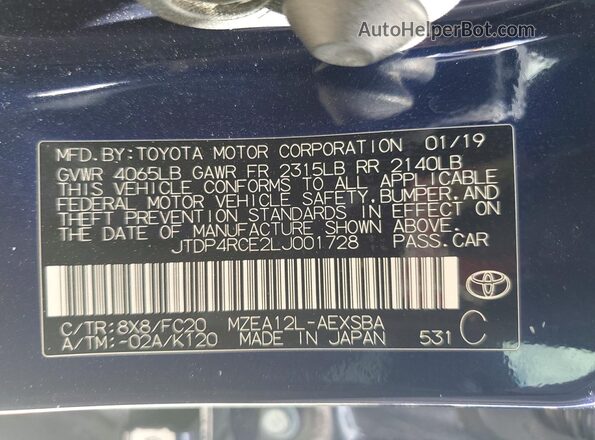 JTDP4RCE2LJ001728 2020 TOYOTA COROLLA Blue 