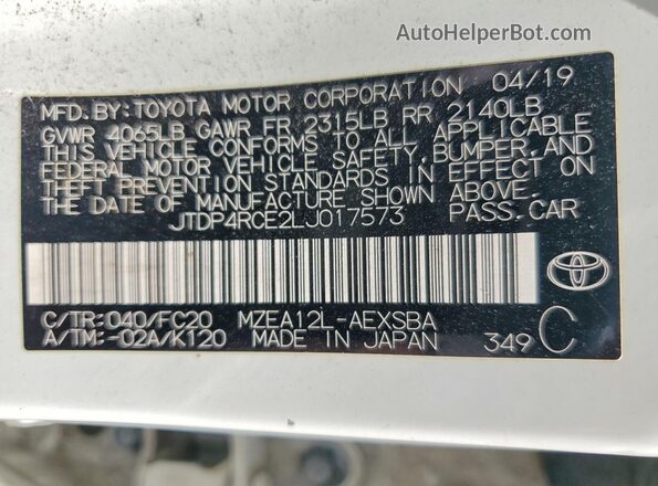 JTDP4RCE2LJ017573 2020 TOYOTA COROLLA White 