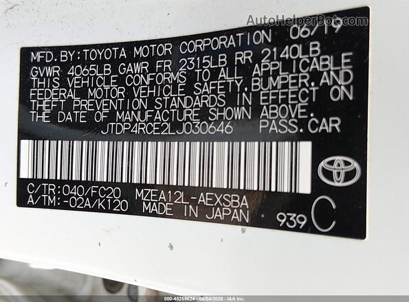 JTDP4RCE2LJ030646 2020 TOYOTA COROLLA Белый Вид подкапотного пространства
