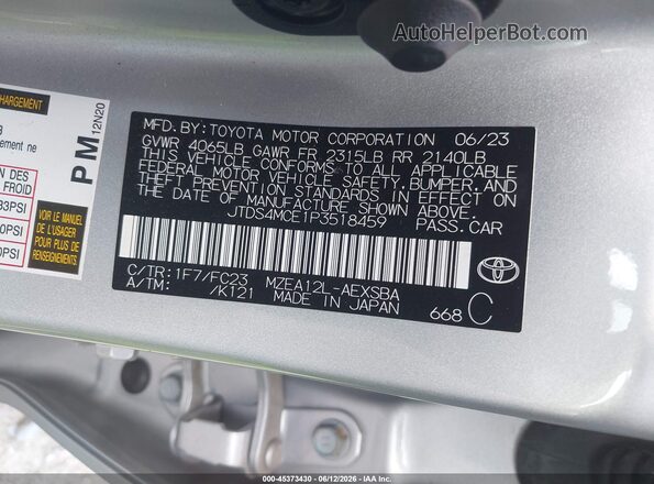 JTDS4MCE1P3518459 2023 TOYOTA COROLLA Серебряный Вид подкапотного пространства