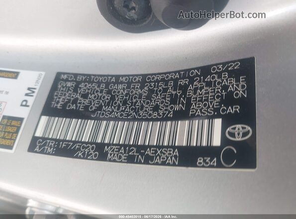 JTDS4MCE2N3508374 2022 TOYOTA COROLLA Silver Вид підкапотного простору