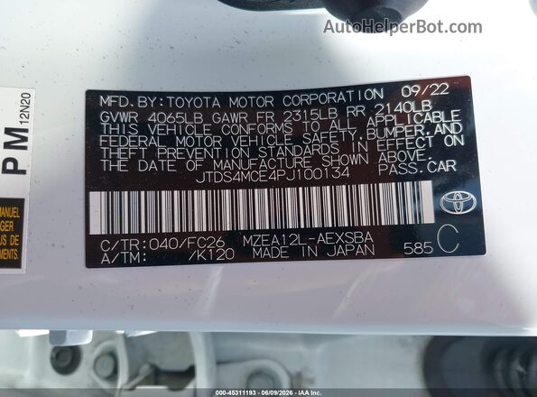 JTDS4MCE4PJ100134 2023 TOYOTA COROLLA White Vista del compartimento del motor
