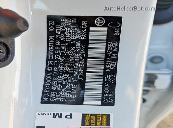 JTDS4MCE4R3521634 2024 TOYOTA COROLLA White VIN კოდის სტიკერის ხედი