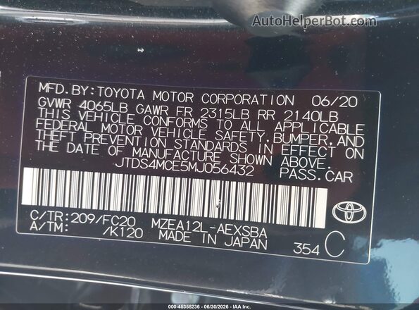 JTDS4MCE5MJ056432 2021 TOYOTA COROLLA Black ძრავის განყოფილების ხედი