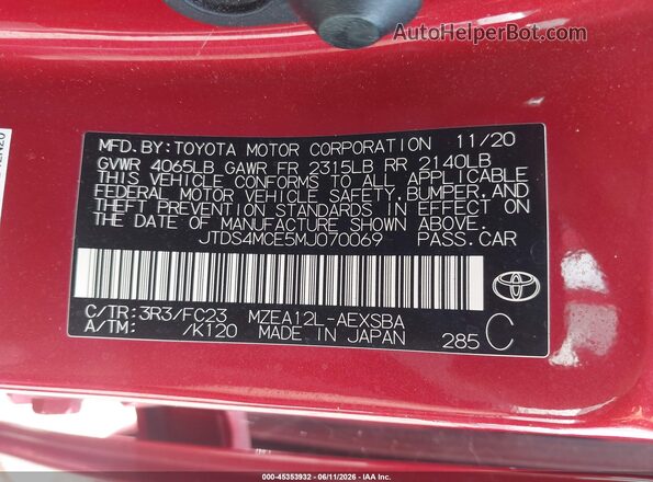 JTDS4MCE5MJ070069 2021 TOYOTA COROLLA Red Շարժիչի բաժամունքի տեսք
