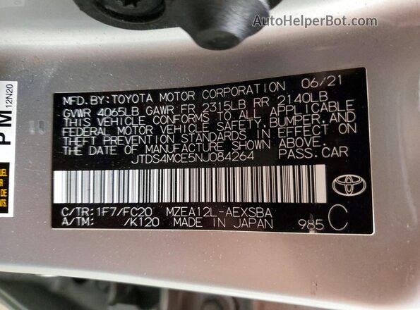 JTDS4MCE5NJ084264 2022 TOYOTA COROLLA Silver 