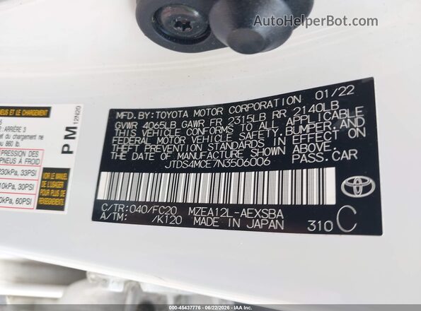 JTDS4MCE7N3506006 2022 TOYOTA COROLLA White Շարժիչի բաժամունքի տեսք