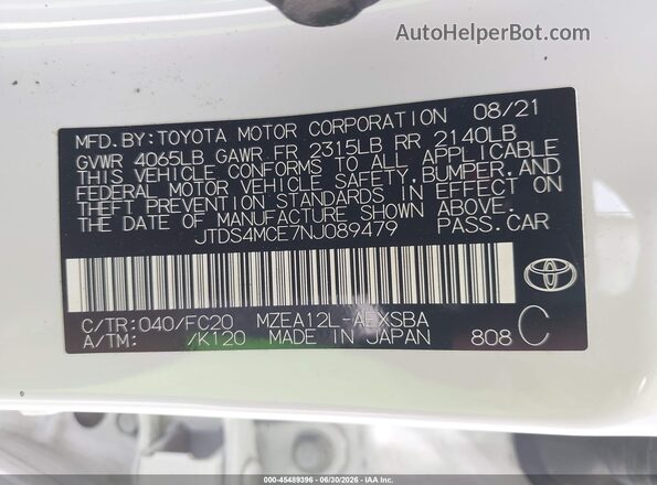 JTDS4MCE7NJ089479 2022 TOYOTA COROLLA White ძრავის განყოფილების ხედი