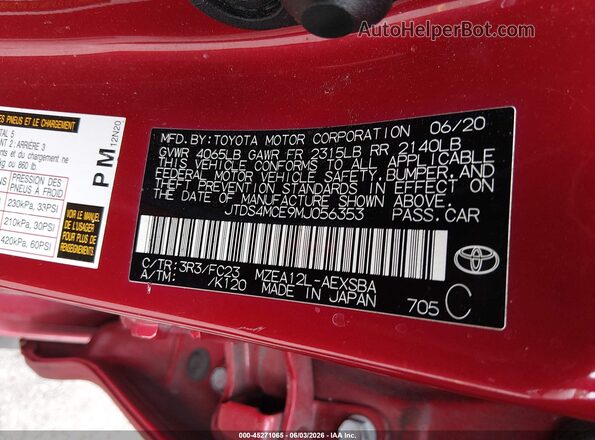 JTDS4MCE9MJ056353 2021 TOYOTA COROLLA Red Շարժիչի բաժամունքի տեսք