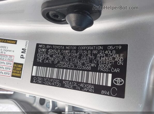 JTDS4RCE2LJ023688 2020 TOYOTA COROLLA Gray Вид підкапотного простору
