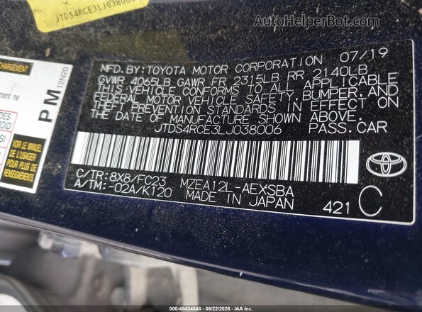 JTDS4RCE3LJ038006 2020 TOYOTA COROLLA Dark Blue ძრავის განყოფილების ხედი