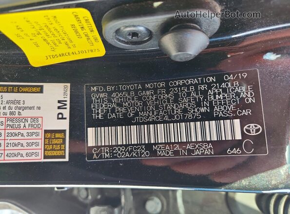 JTDS4RCE4LJ017875 2020 TOYOTA COROLLA Black VIN կոդի պիտակի տեսք