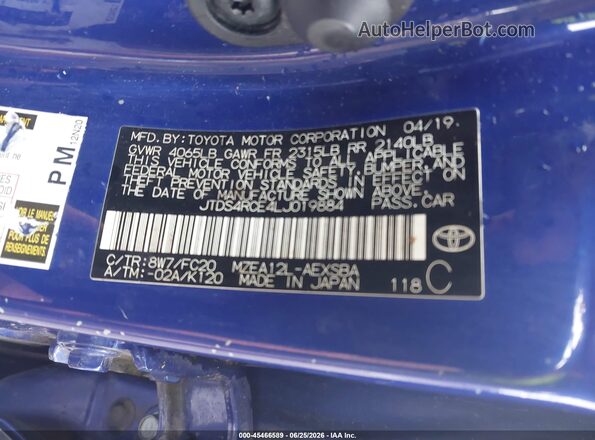JTDS4RCE4LJ019884 2020 TOYOTA COROLLA Blue Շարժիչի բաժամունքի տեսք