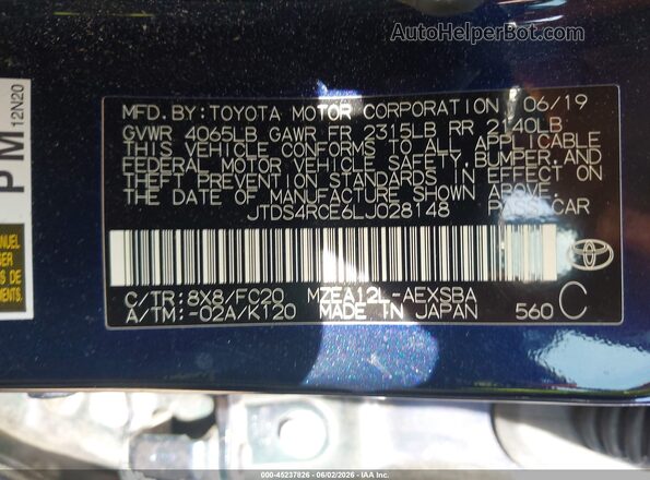 JTDS4RCE6LJ028148 2020 TOYOTA COROLLA Синий Вид подкапотного пространства