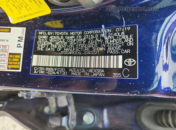 JTDS4RCE6LJ040221 2020 TOYOTA COROLLA Blue 