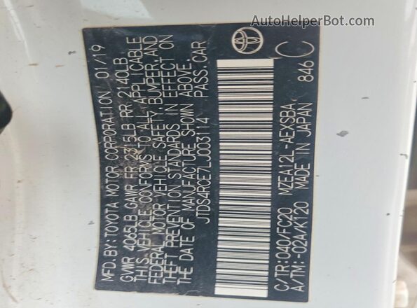 JTDS4RCE7LJ003114 2020 TOYOTA COROLLA White Widok komory silnika