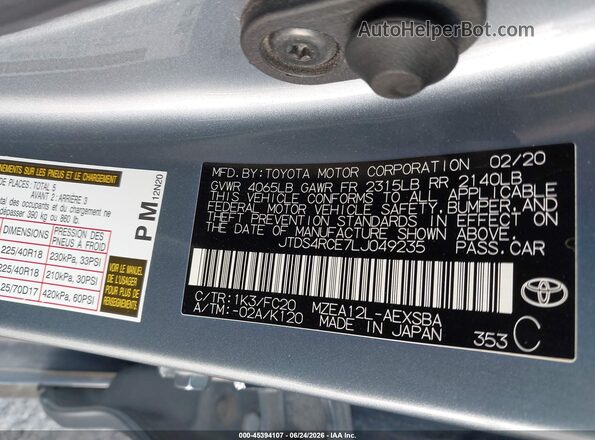 JTDS4RCE7LJ049235 2020 TOYOTA COROLLA Blue Widok komory silnika