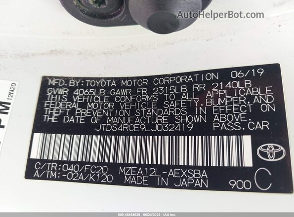 JTDS4RCE9LJ032419 2020 TOYOTA COROLLA White Widok komory silnika