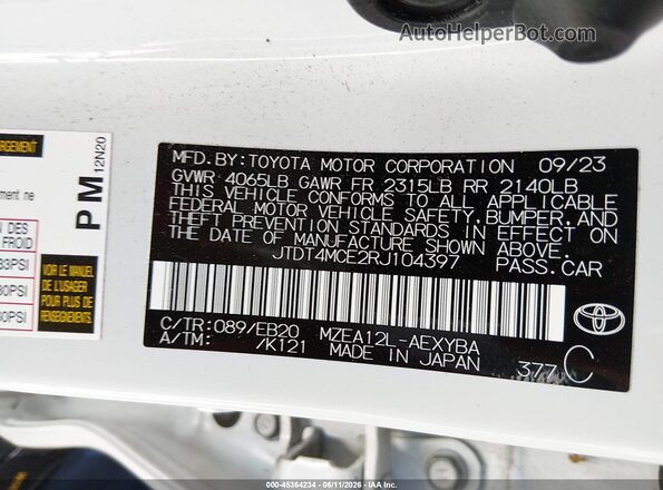 JTDT4MCE2RJ104397 2024 TOYOTA COROLLA White Engine compartment view