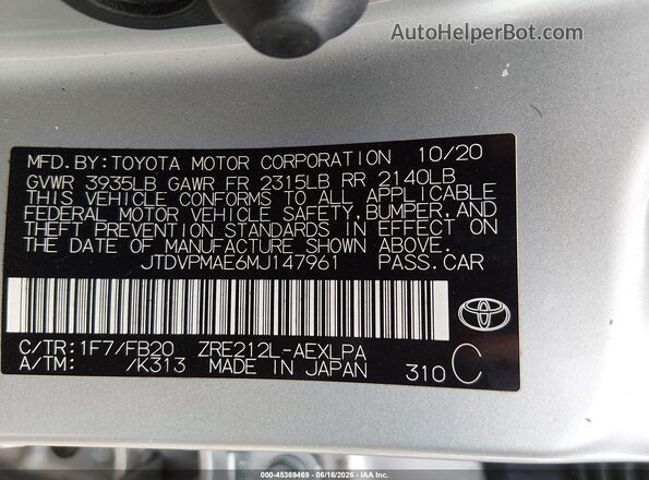 JTDVPMAE6MJ147961 2021 TOYOTA COROLLA Silver Widok komory silnika