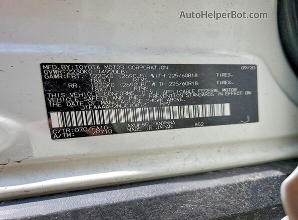 JTEAAAAH2MJ010813 2021 TOYOTA VENZA White 