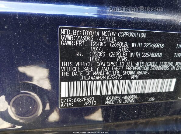 JTEAAAAH2MJ032472 2021 TOYOTA VENZA Blue ძრავის განყოფილების ხედი