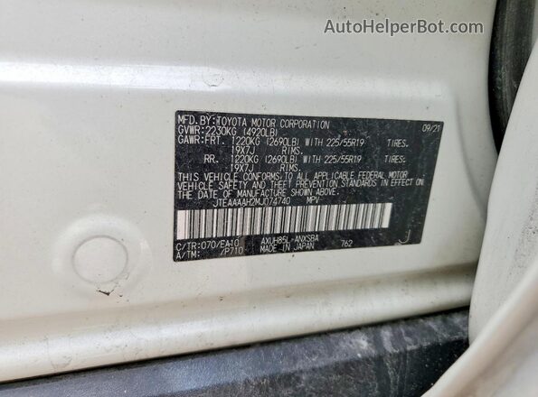 JTEAAAAH2MJ074740 2021 TOYOTA VENZA White VIN კოდის სტიკერის ხედი