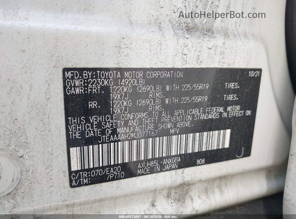 JTEAAAAH2MJ077167 2021 TOYOTA VENZA White Widok komory silnika
