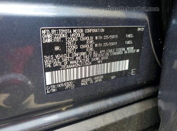 JTEAAAAH2NJ113604 2022 TOYOTA VENZA Blue Vista interior de 360 grados