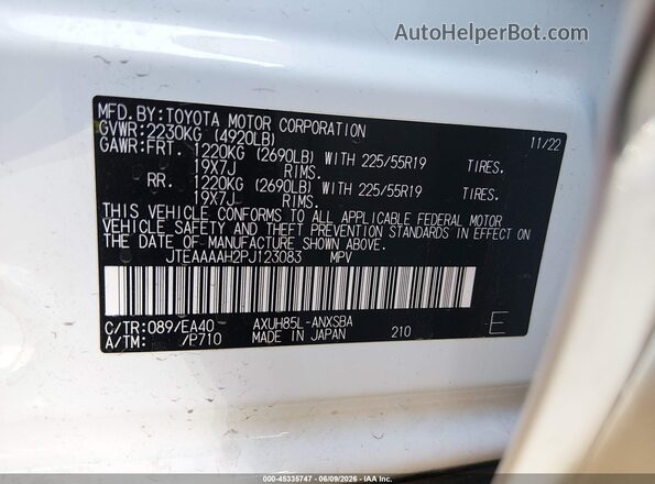 JTEAAAAH2PJ123083 2023 TOYOTA VENZA White Engine compartment view