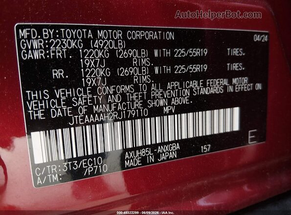 JTEAAAAH2RJ179110 2024 TOYOTA VENZA Burgundy Vista del compartimento del motor