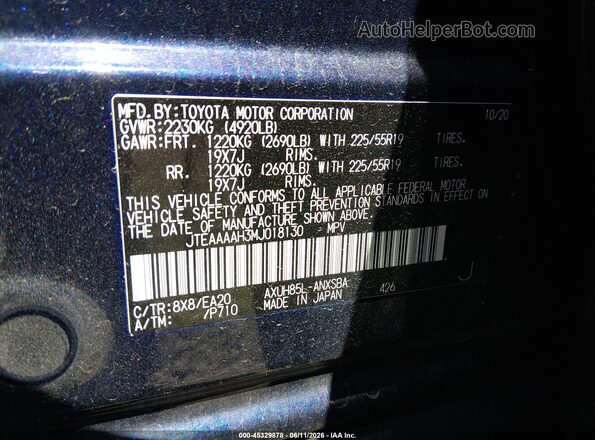 JTEAAAAH3MJ018130 2021 TOYOTA VENZA Blue Widok komory silnika