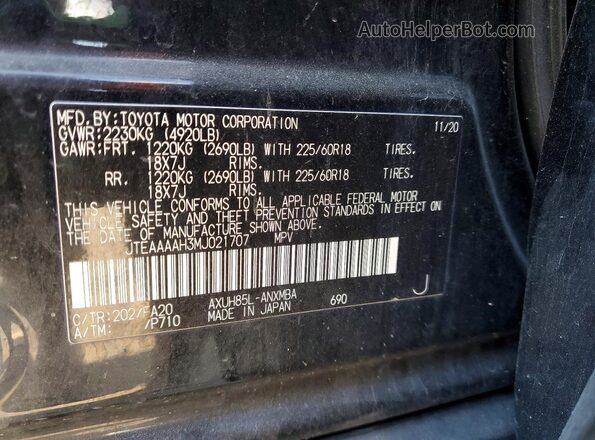 JTEAAAAH3MJ021707 2021 TOYOTA VENZA Black Widok naklejki z numerem VIN