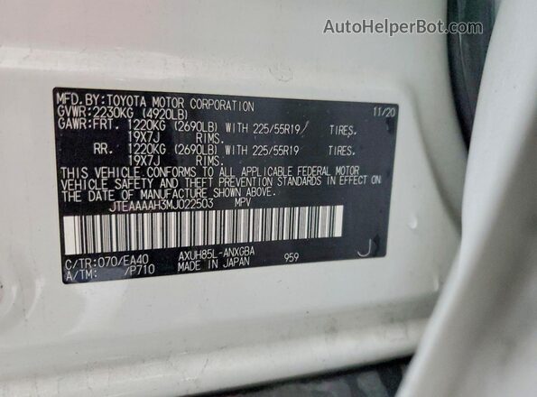 JTEAAAAH3MJ022503 2021 TOYOTA VENZA White Вид наклейки з VIN-кодом