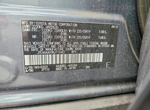 JTEAAAAH3NJ116401 2022 TOYOTA VENZA Blue Widok naklejki z numerem VIN