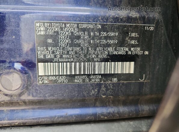 JTEAAAAH6MJ022575 2021 TOYOTA VENZA Blue 