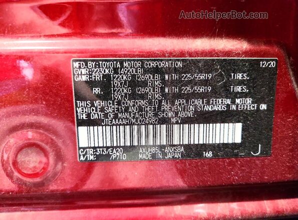 JTEAAAAH7MJ024982 2021 TOYOTA VENZA Красный Вид наклейки с VIN-кодом