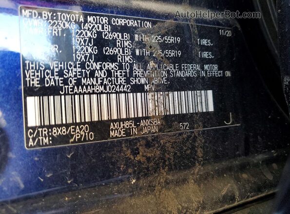 JTEAAAAH8MJ024442 2021 TOYOTA VENZA Blue Вид підкапотного простору