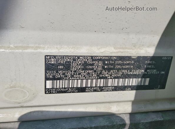 JTEAAAAHXMJ048841 2021 TOYOTA VENZA Белый Вид наклейки с VIN-кодом