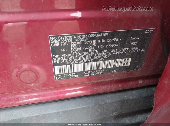 JTEAAAAHXMJ067647 2021 TOYOTA VENZA Red Engine compartment view