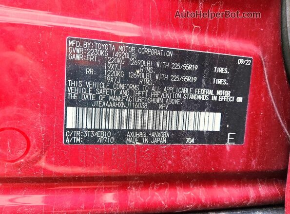 JTEAAAAHXNJ116038 2022 TOYOTA VENZA Red 