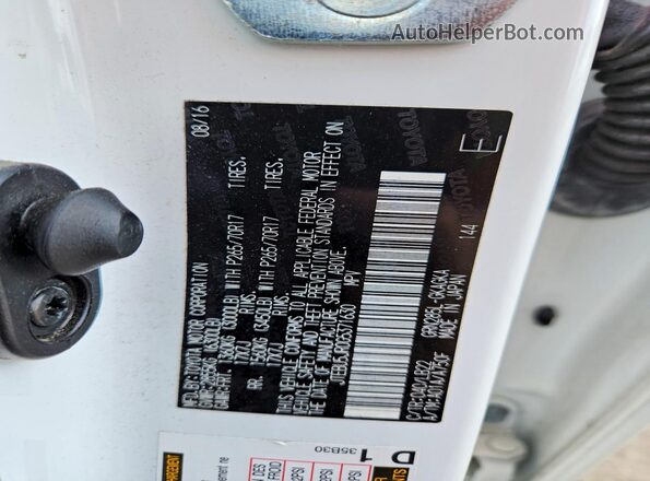 JTEBU5JR0G5371630 2016 TOYOTA 4RUNNER White VIN კოდის სტიკერის ხედი