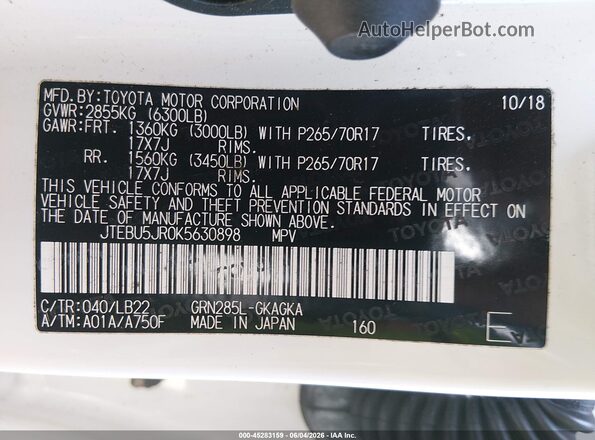 JTEBU5JR0K5630898 2019 TOYOTA 4RUNNER White Widok komory silnika