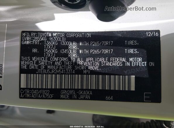 JTEBU5JR2H5413314 2017 TOYOTA 4RUNNER Белый Вид подкапотного пространства