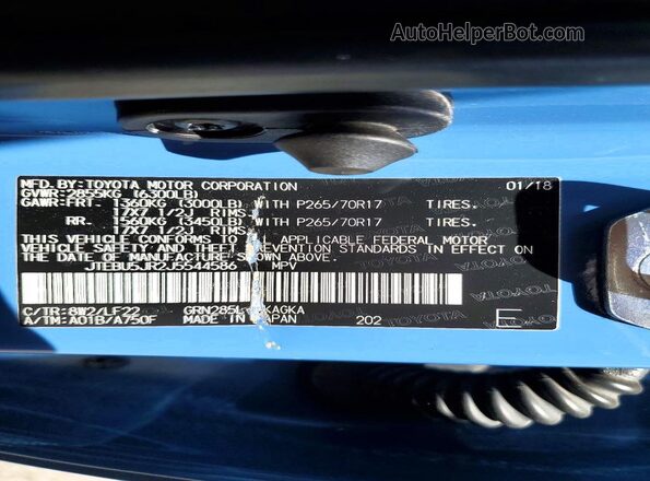 JTEBU5JR2J5544586 2018 TOYOTA 4RUNNER Синий Вид наклейки с VIN-кодом